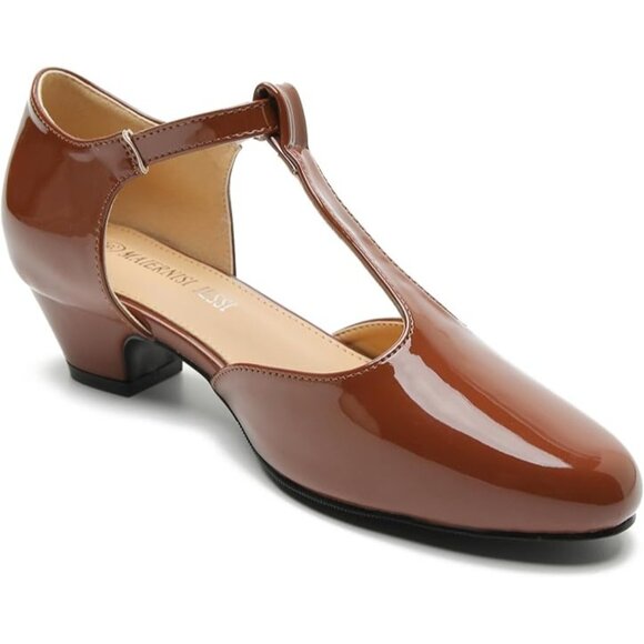 Womens T-Strap Low Chunky Heel Mary Jane Pumps Brown Patent Size 12.5 (45) - Picture 12 of 13